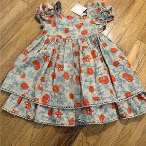 Girls Cream Blue Floral Dress with Orange Print